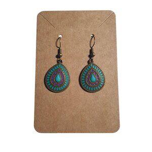 Teardrop Dangle Earrings Teal Purple Gold Tone Boho Lightweight Hook Beach Gift